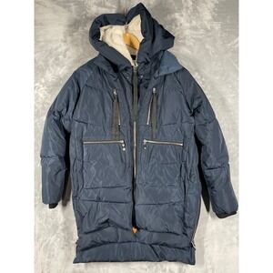 ORGLAY Navy Blue Puffer Parka Coat Womens Hooded Sherpa Lined Zip Pockets Winter